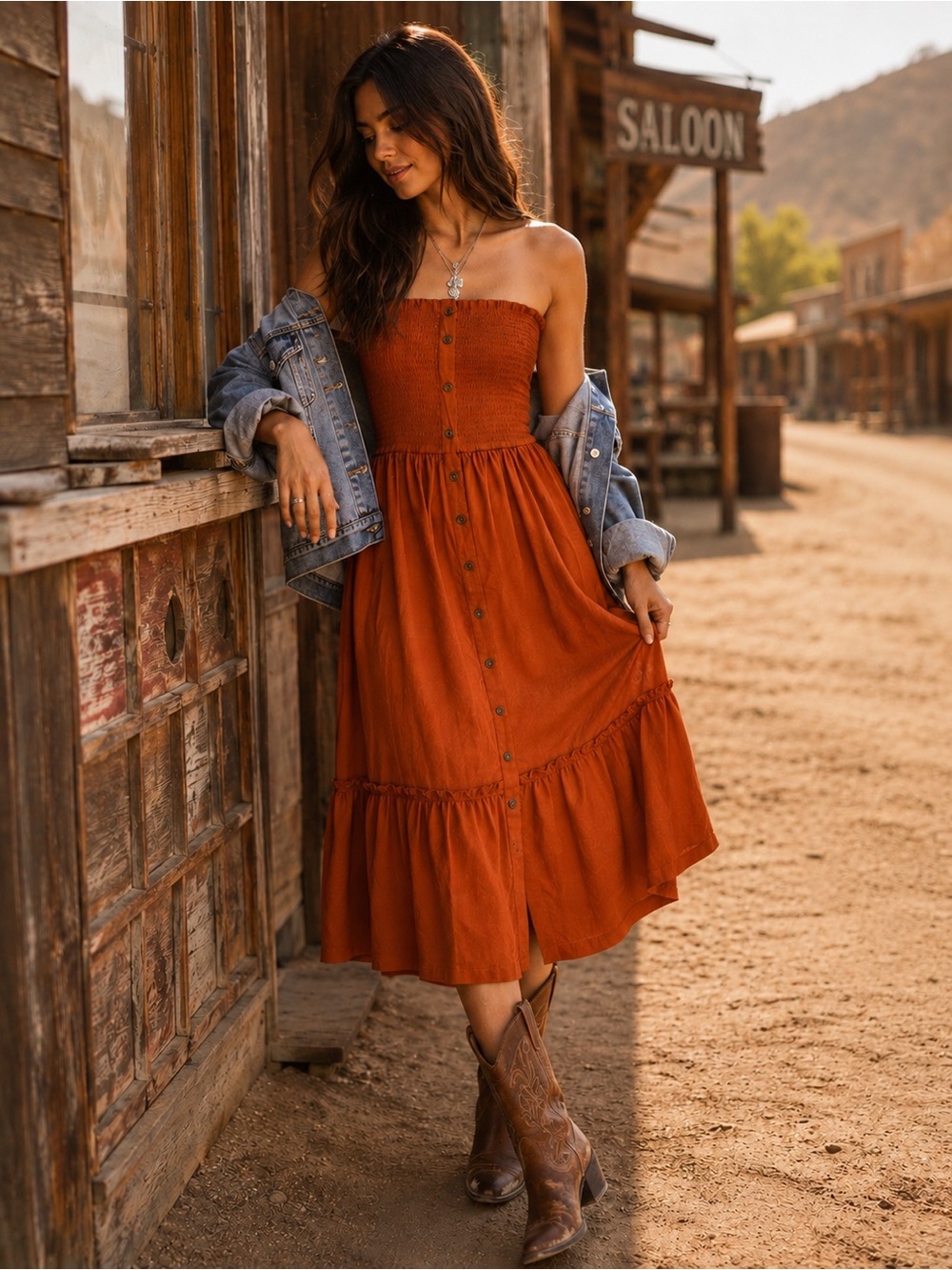 Smocked Strapless Midi Dress in Rust